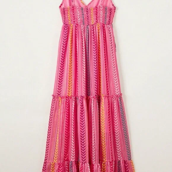 Hot Pink Boho Women's Western Geometric Tie Ruffle Halter Long Dress - Picture 7 of 8